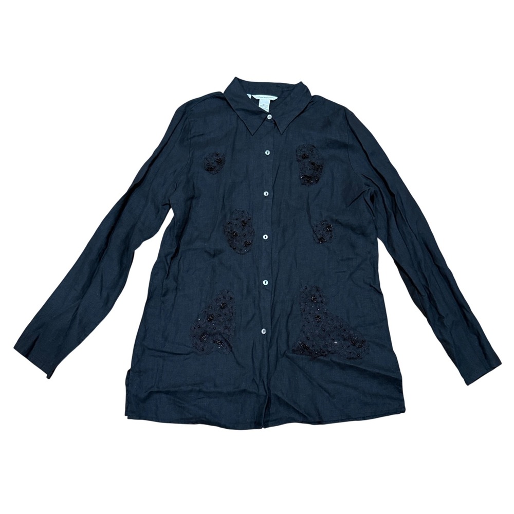 Richard Malcolm Black Irish Linen Beaded Applique Button Down Shirt Women Large